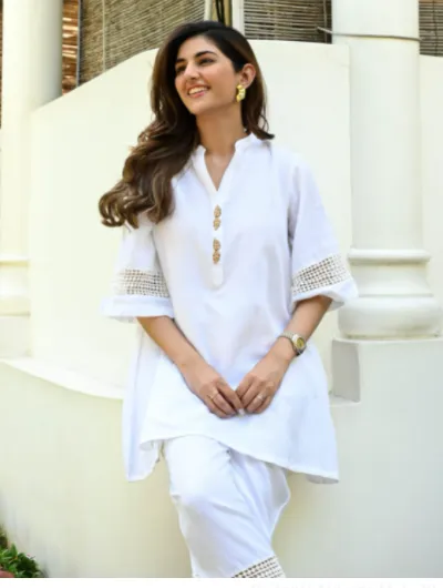 White Designer Cord Set Women Tunic Trouser