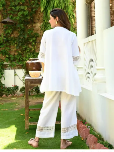 White Designer Cord Set Women Tunic Trouser