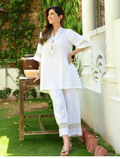 White Designer Cord Set Women Tunic Trouser