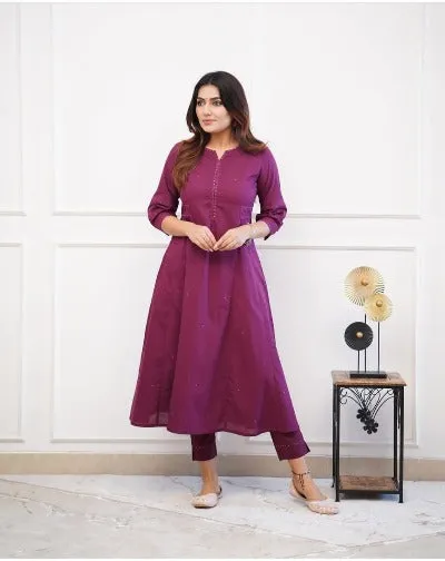 Wine Solid Cotton Stylish Kurti Pant Set Of 2