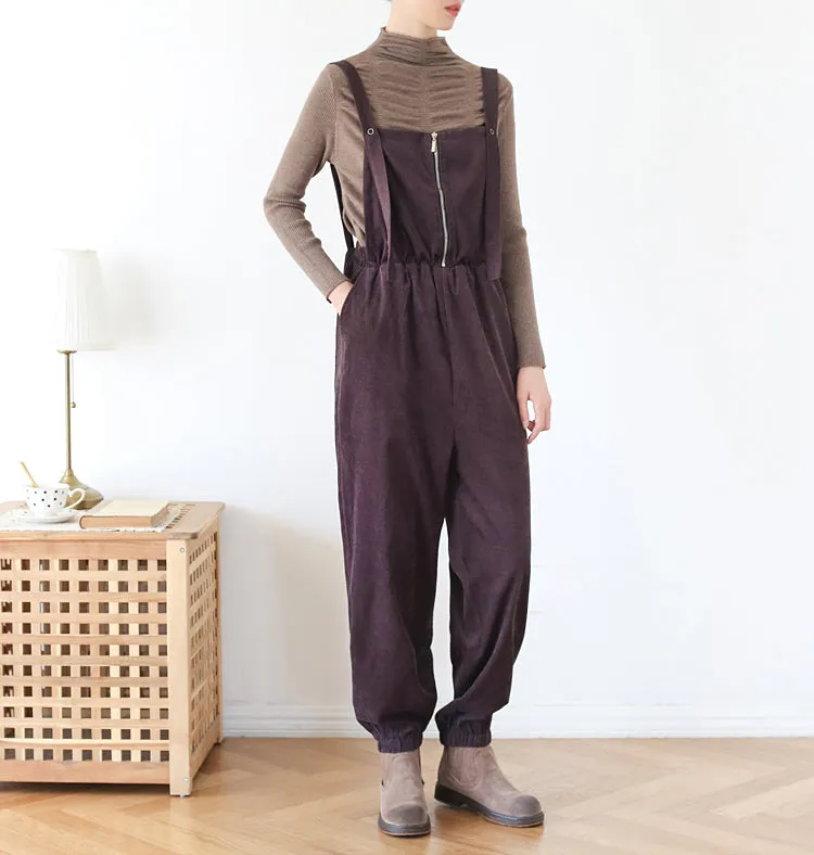 Women Autumn Corduroy Solid Retro Jumpsuit