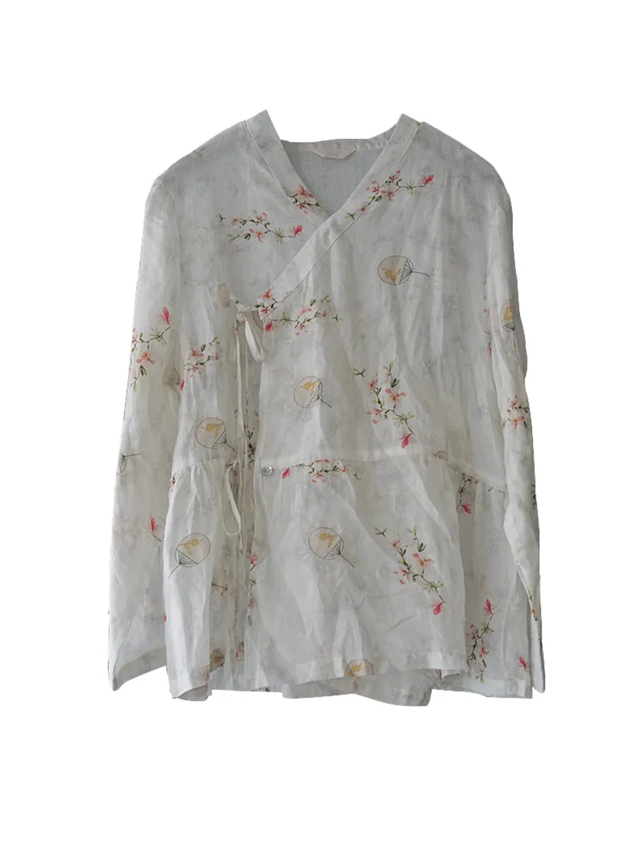 Women Retro Style Flower Drawstring Loose Shirt