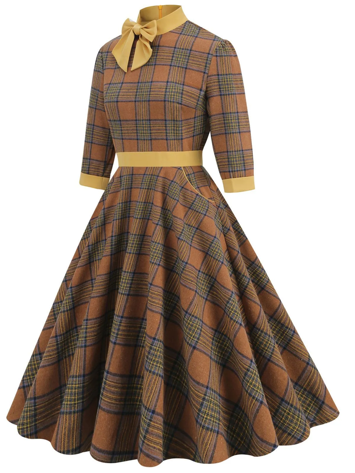 Yellow 1950s Plaid Bowknot Patchwork Dress