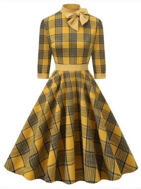 Yellow 1950s Plaid Bowknot Patchwork Dress