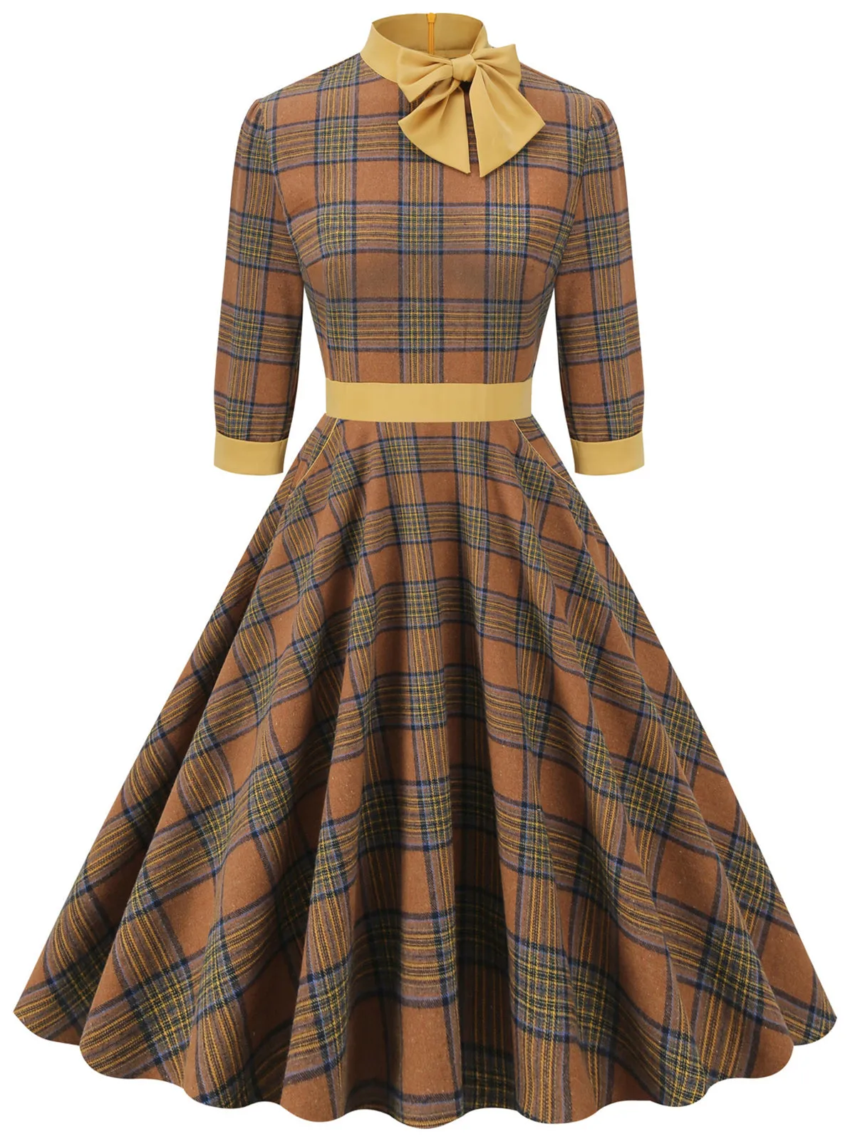 Yellow 1950s Plaid Bowknot Patchwork Dress