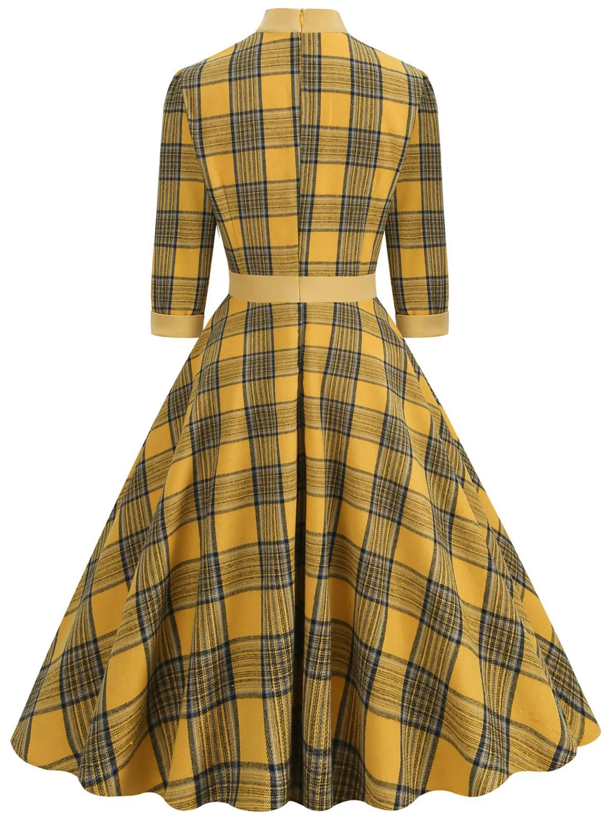 Yellow 1950s Plaid Bowknot Patchwork Dress